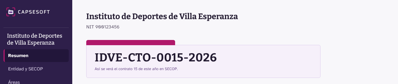 Número de contrato de la entidad generado con su propio formato